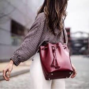 Dooney & Bourke Leather Bucket Bag with Drawstring Tassels Burgundy